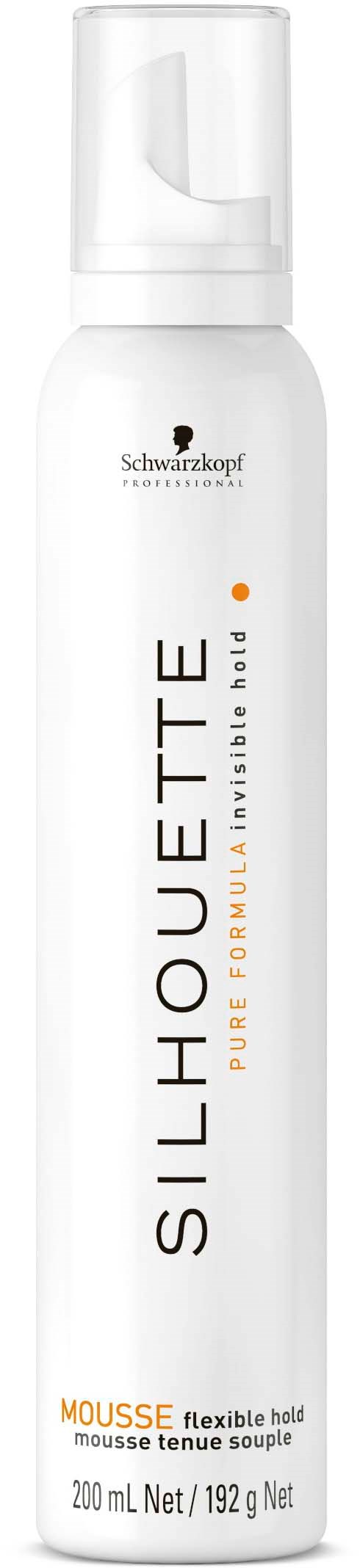 Valkoinen pullo, jossa mustaa ja oranssia tekstiä, nimeltä Schwarzkopf Silhouette mousse joustavaan hiustyyliin, 200 ml.