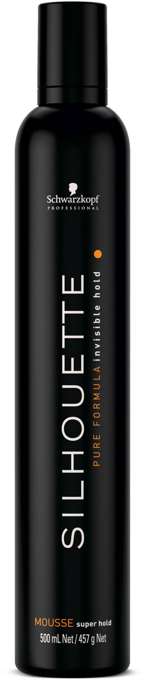Eine schwarze Spraydose mit orange-weißer Schrift, beschriftet 'SILHOUETTE' und 'Mousse' für Haarstyling.