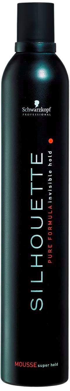 A tall black can holds Silverette mousse from Schwarzkopf, labeled for volume and shiny hair styling.