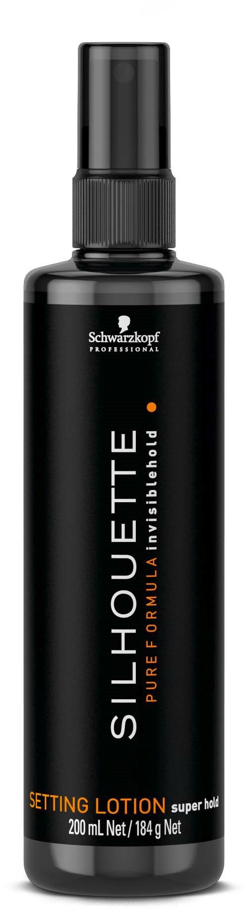 En svart sprayflaska märkt 'Silhouette' för hårinställning, 200 ml storlek, professionell produkt av Schwarzkopf.