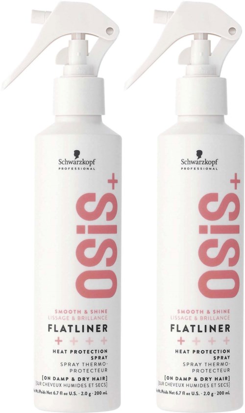 Two white spray bottles of Schwarzkopf OSSIS+ flat liner hair heat protection spray with spray nozzles.