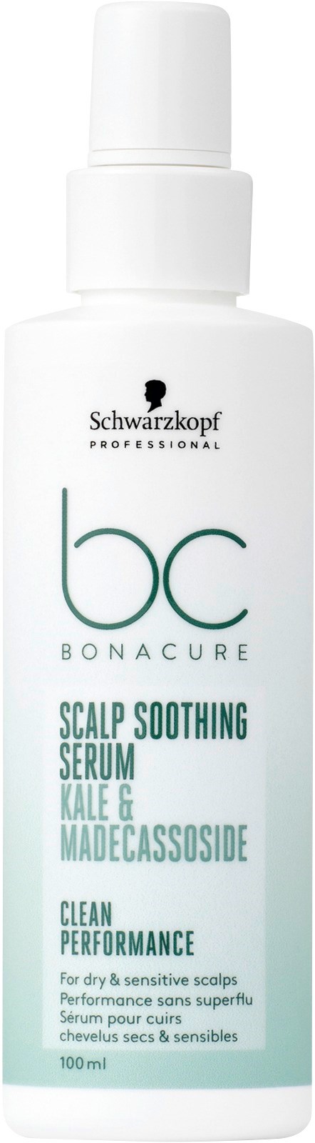 Een witte fles met pomp, gemerkt Schwarzkopf Professional BC Bonacure hoofdhuid kalmerend serum met natuurlijke ingrediënten.
