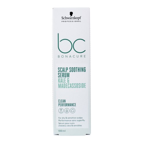 Een wit doosje met groene en zwarte tekst. Het is een haarverzorgingsproduct genaamd Bonacure scalp soothing serum met natuurlijke ingrediënten.