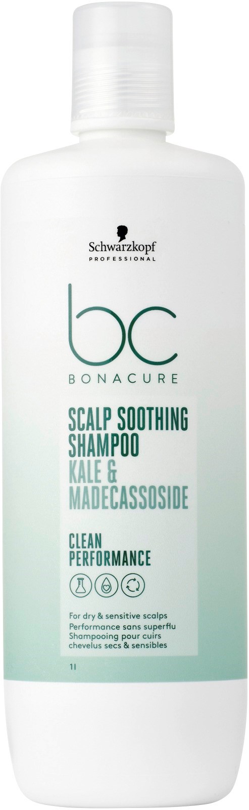 Eine weiße Flasche mit Kopfhaut beruhigendem Shampoo, grünes Etikett mit Inhaltsstoffen und Anwendung.
