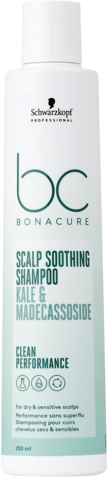 Eine weiße Flasche Schwarzkopf Bonacure Kopfhautberuhigendes Shampoo für trockene, empfindliche Kopfhaut, mit teal und schwarzem Text, 250 ml.