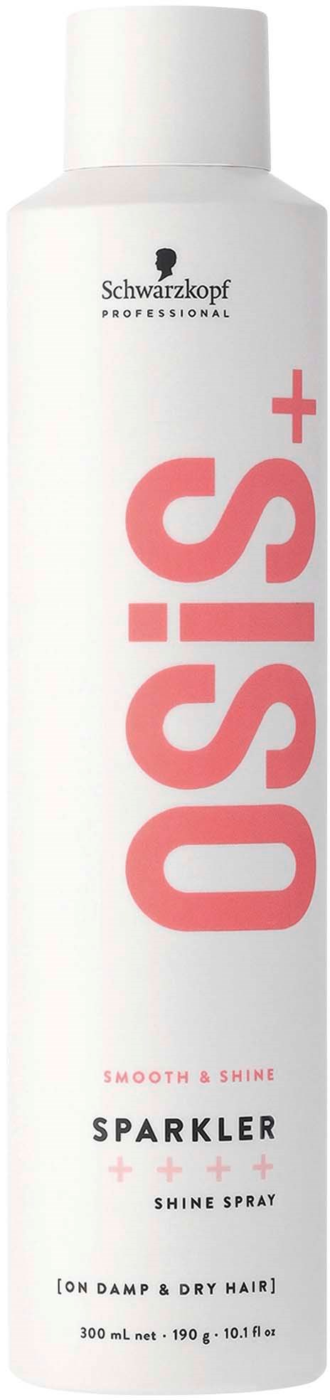 En lång vit flaska med rosa och svart text, märkt 'OSiS+ Sparkler' för glänsande hår.