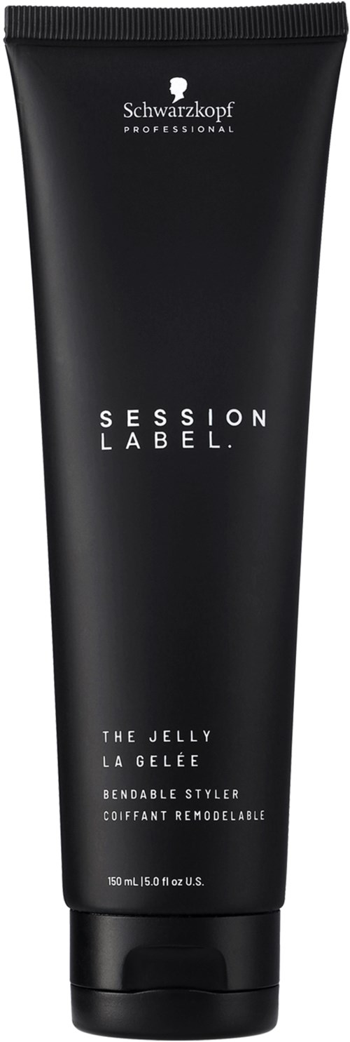 En svart tube med Schwarzkopf Session Label gel, med hvit tekst, står oppreist med lokk.