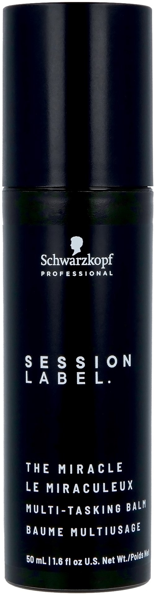 A black bottle with a cap, labeled Schwarzkopf Professional Session Label, containing a multi-tasking balm.