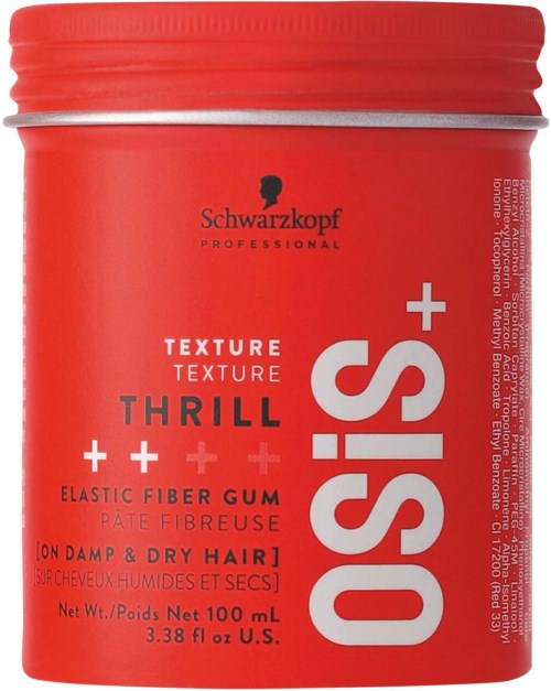 Ein roter Behälter mit Schwarzkopf OSIS+ Texture Thrill elastisches Faser-Gel-Haarprodukt mit Schraubverschluss.