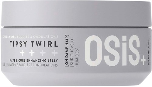 Ein weißer Behälter mit der Aufschrift 'Oasis' und Haarstylingprodukt 'Tipsy Twirl' für lockiges und welliges Haar.