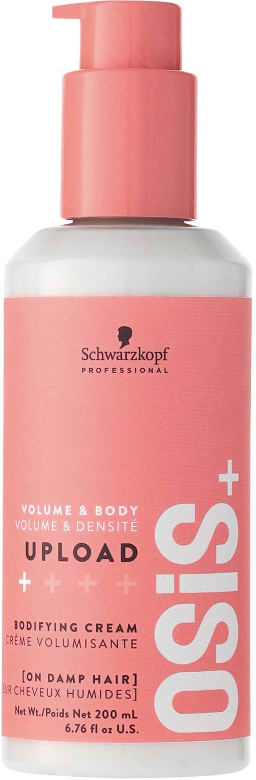 Eine rosa-weiße Flasche Schwarzkopf Professional Volumen- und Körpercreme für feuchte Haare, 200 ml.