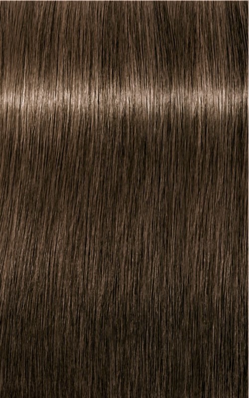 Nahaufnahme von glattem, glänzend braunem Haar mit Mittelscheitel.