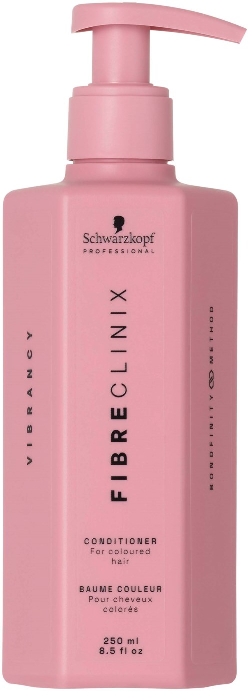 Pinke Spenderflasche für gefärbtes Haar, mit Pumpgriff, gekennzeichnet Schwarzkopf Professional Fibre Clinix.