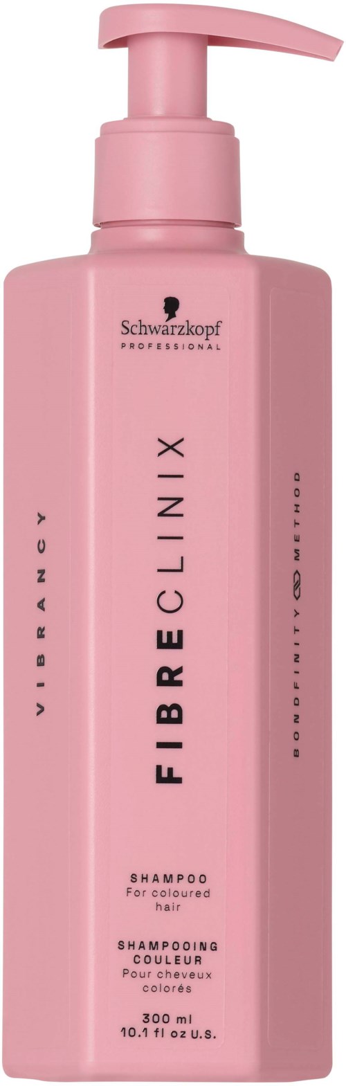 Eine rosa Shampooflasche mit der Aufschrift 'FIBRECLINIX' für gefärbtes Haar von Schwarzkopf.