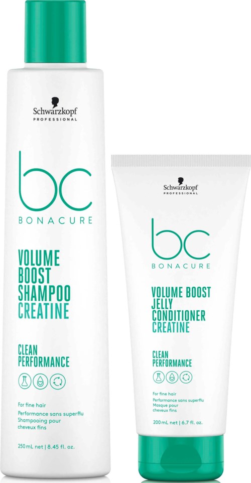 Schwarzkopf Shampoo- und Conditioner-Flaschen mit 'Bonacure' und 'Volume Boost' sowie 'Clean Performance'.