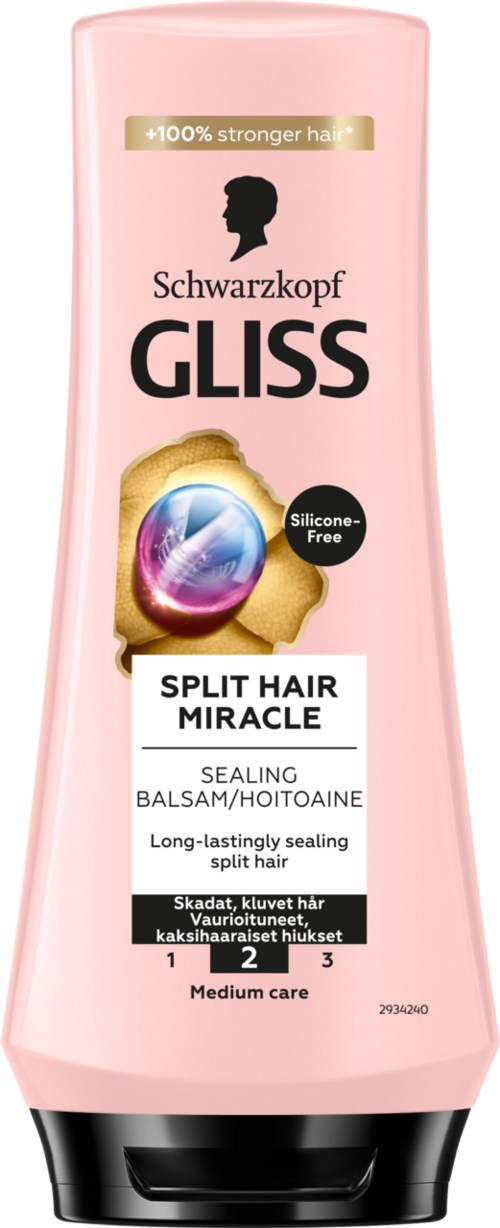 Roze fles Schwarzkopf Gliss split hair miracle haarverzorgingsproduct, siliconenvrij, langdurige afdichting voor medium verzorging, 200 ml.