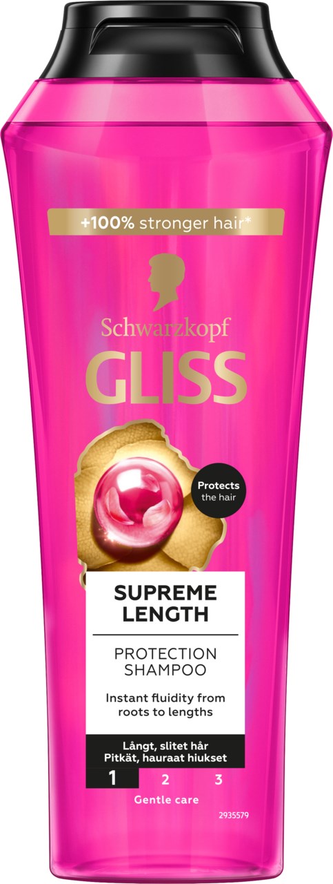Valkoinen shampoopullo mustalla kannella, kullankeltainen ja pinkki etiketti, ja tietoa hiusten suojasta ja pituudesta.