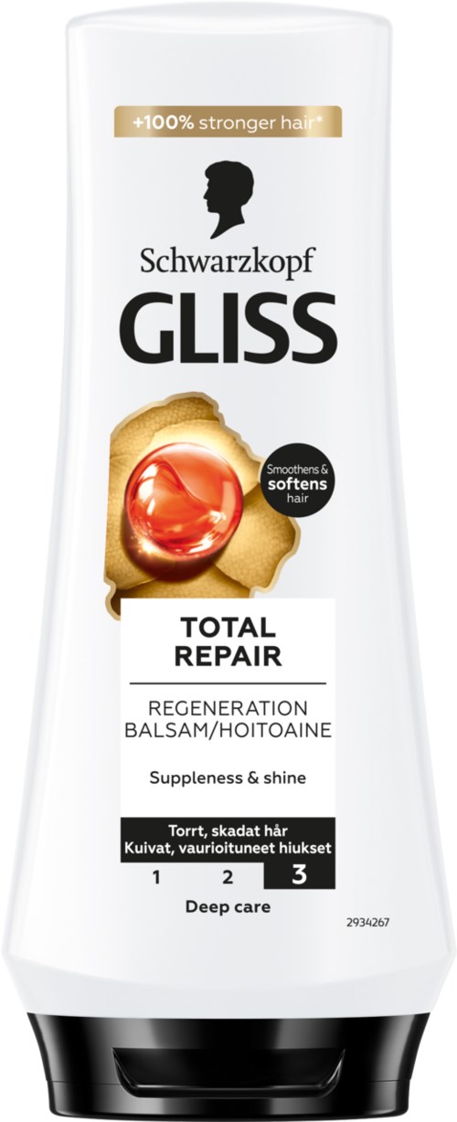 Een witte fles Schwarzkopf Gliss haarherstel, toont een rood en gouden winding, vermeldt volledige herstel en diepe verzorging.