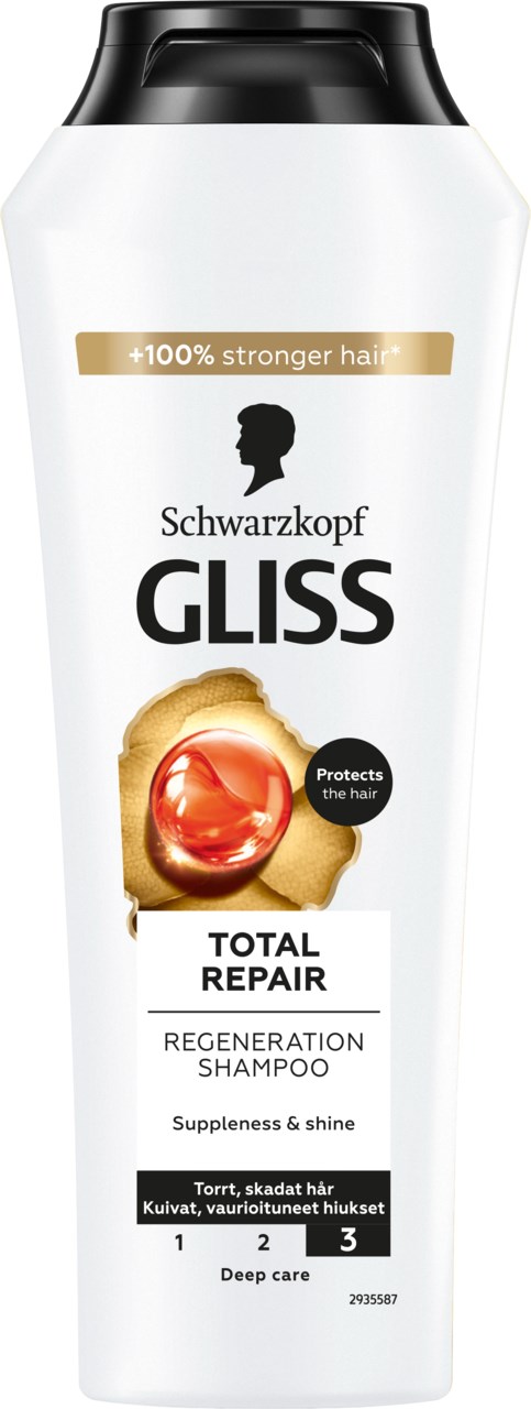 A bottle of Schwarzkopf Gliss Total Repair shampoo with a black cap, labeled for hair repair and shine.