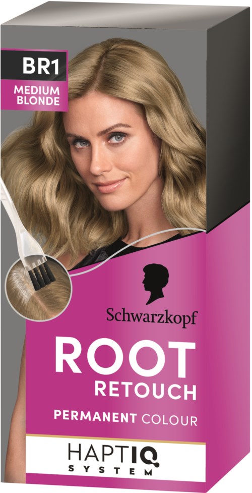 Box of Schwarzkopf hair dye in medium blonde, labeled as root retouch with permanent color.