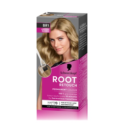 A woman with long, blonde, wavy hair on a hair dye box labeled "Schwarzkopf ROOT RETOUCH."