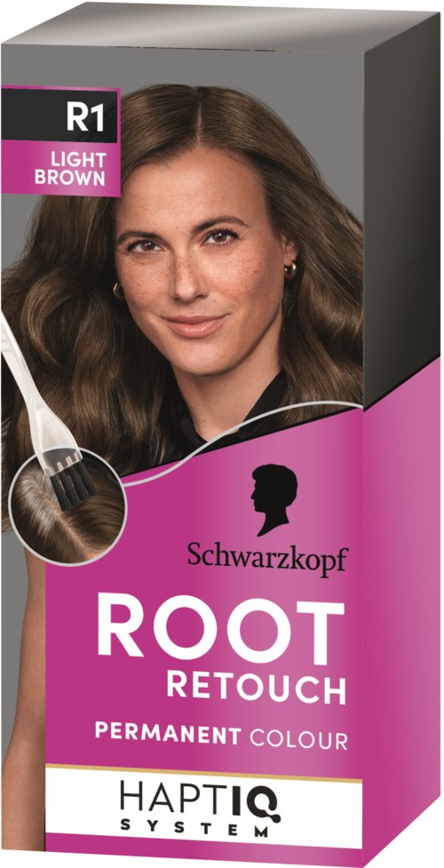 Hair dye box showing a woman with light brown hair and a pink, white, and black design.