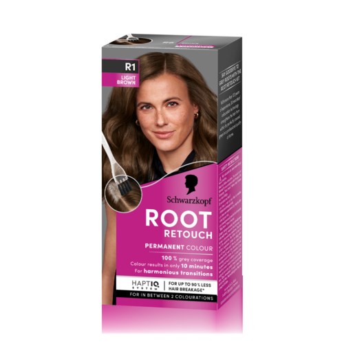 A box of hair dye with a woman showing her brown hair and pink and black packaging.