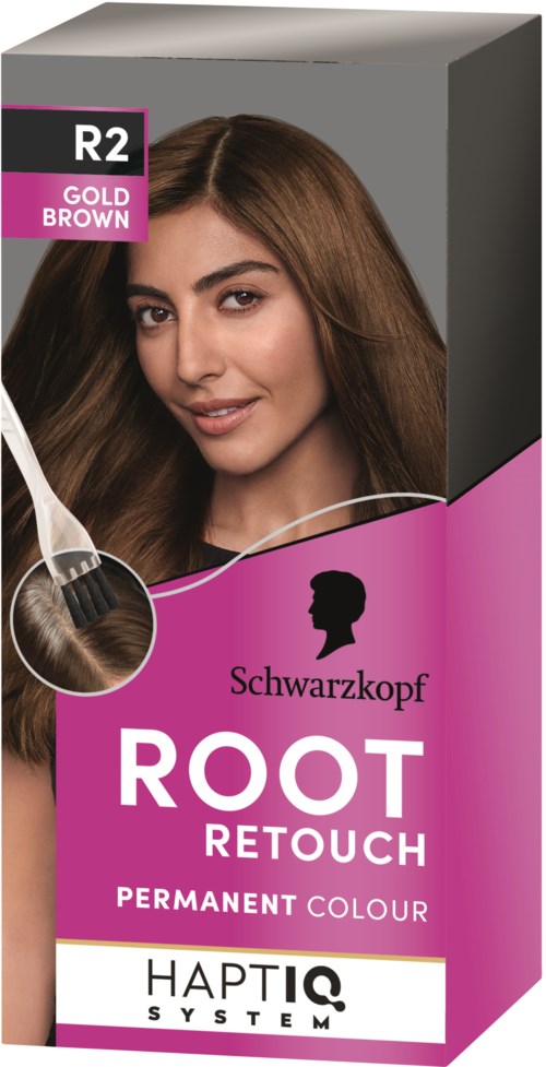 Doos met haarverf genaamd Root Retouch in goudbruin, met een vrouw met bruin haar en een haarborstel.