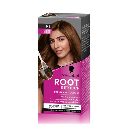 Een doos Schwarzkopf Root Retouch haarverf met een vrouw met lang, bruin haar op de voorkant.