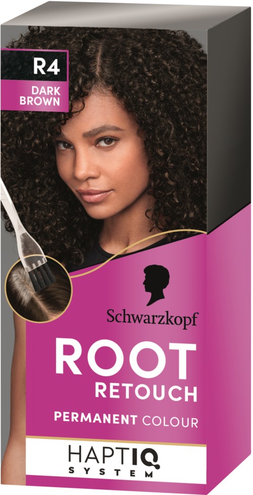Dark brown hair dye box with a woman showing her curly hair. It is labeled for root retouch and permanent color.