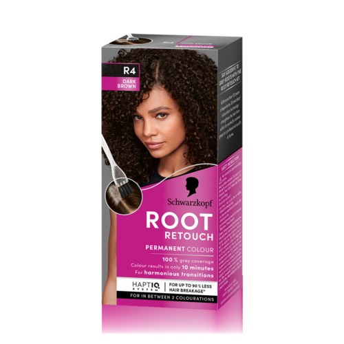 A box of Schwarzkopf ROOT RETOUCH hair color for dark brown hair, designed for up to 50% grey coverage.