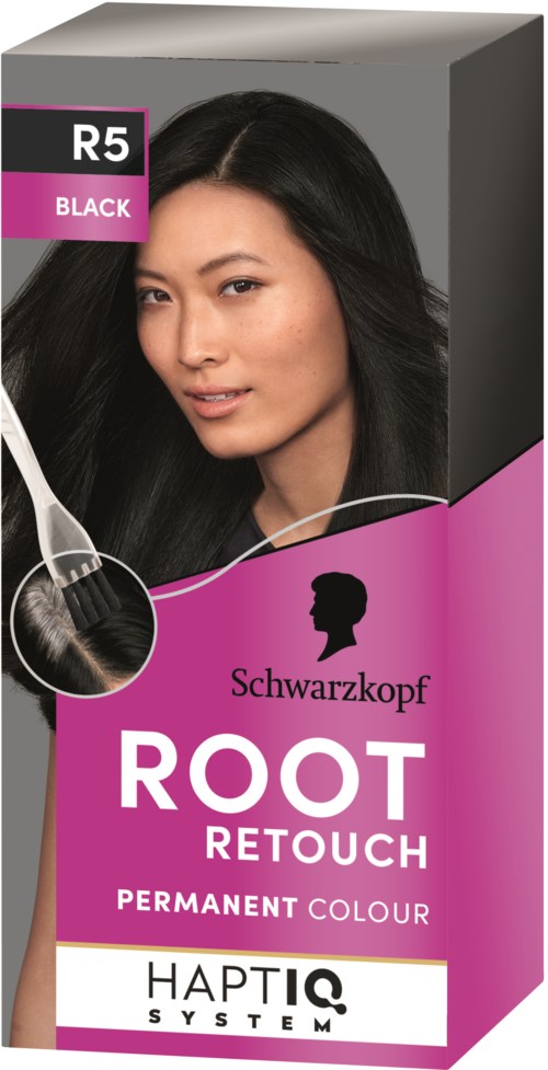 Packaging for Schwarzkopf ROOT RETOUCH in black, featuring a woman with long black hair and a brush.