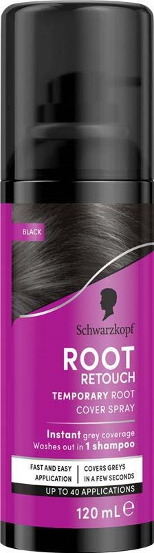 Eine schwarze und lila Sprühdose mit der Aufschrift Schwarzkopf ROOT RETOUCH für schnelle graue Ansatzabdeckung.