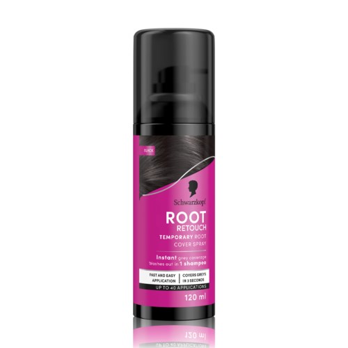 Schwarzkopf Root Retouch Temporäre Haarwurzkorrektur Spray in schwarzer und pinker Dose.