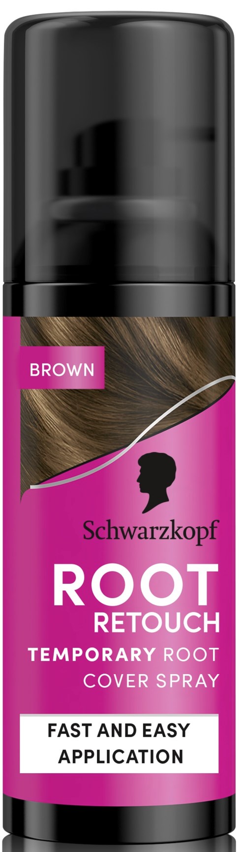 Een zwarte spuitfles met roze label voor tijdelijke haargroei, snel en gemakkelijk aan te brengen.