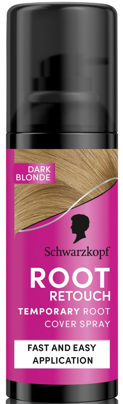 Eine schwarze Flasche mit Etikett für temporäre Haarwurzeldach mit pinkem und goldenem Design, schnelle und einfache Anwendung.