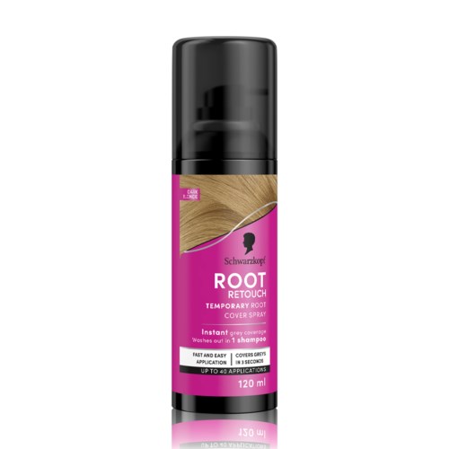 Ein Spray zum vorübergehenden Abdecken von grauen Haarwurzeln, mit rosa und schwarzer Verpackung und einer Haarillustration.