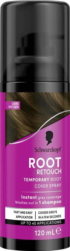 Eine Schwarzkopf Root Retouch Sprühdose in Dunkelbraun, um graue Ansätze sofort abzudecken.