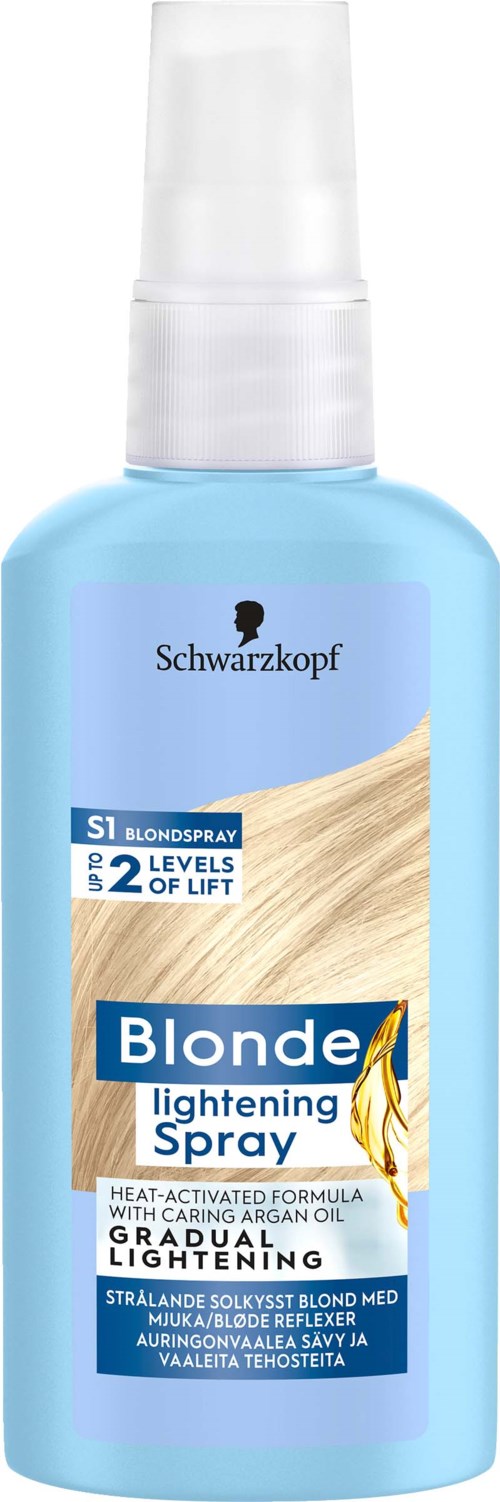 A blue bottle labeled Schwarzkopf Blonde Lightening Spray for hair, with a white cap and image of blonde hair.
