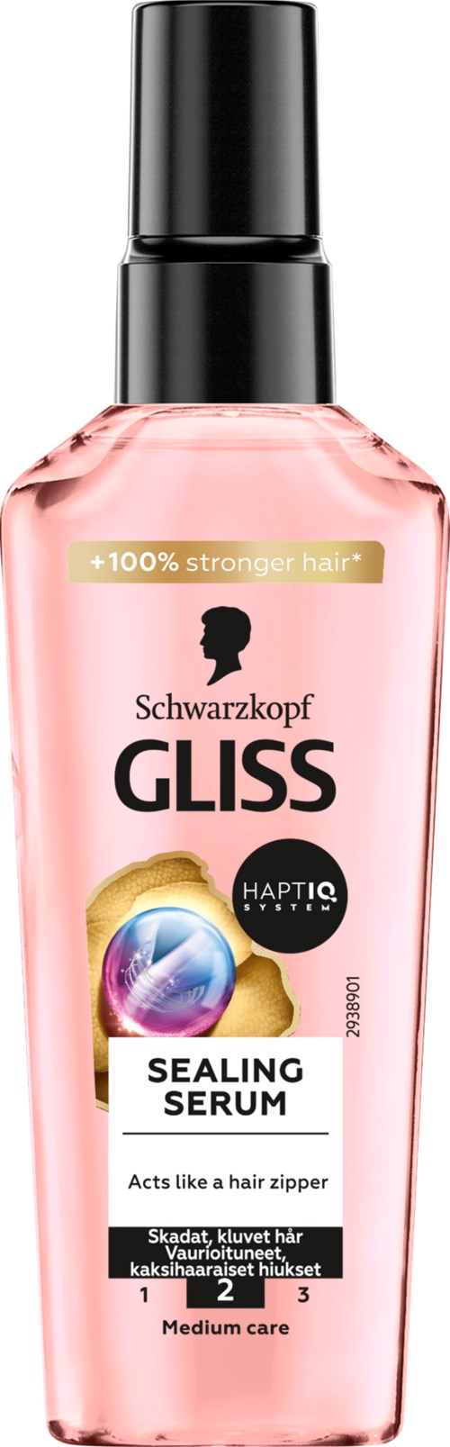 Roze fles met zwarte dop, gelabeld Gliss Sealing Serum, voor haarverzorging, werkt als haarrits, matige verzorging.