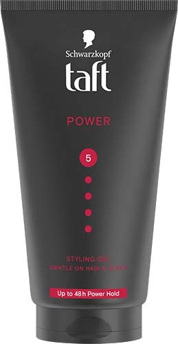 Een zwarte tube Schwarzkopf Taft Power stylinggel met roze en witte tekst, tot 48 uur houdbaarheid.