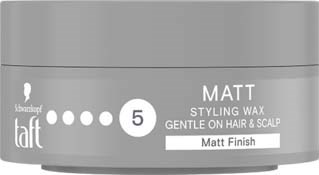 Een grijze container met 'Matt' bevat haarwax, voor zachte haar- en hoofdhuidverzorging.