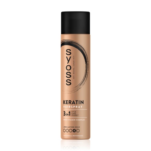 Syoss Keratin Hairspray -pullo, jossa musta kantopää ja beigen värinen vartalo, sisältää tekstiä ja suunnittelu elementtejä.