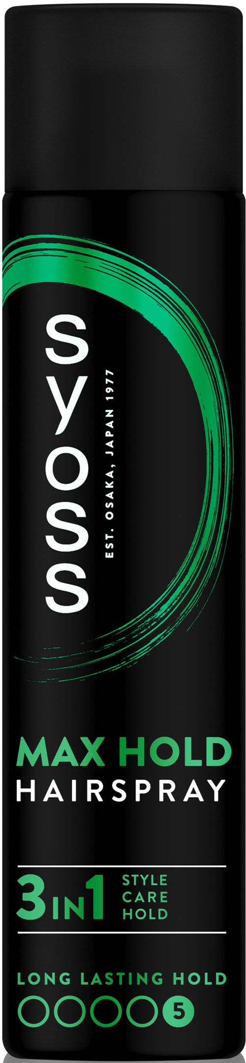 Mustan ja vihreän hius-suihkeen purkki nimeltä SYSOS MAX HOLD, 3 in 1 muotoilu, hoito ja pito.