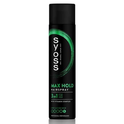 Mustassa Syoss MAX HOLD -hiuspraypullossa vihreillä yksityiskohdilla ja valkoisella tekstillä, väittää 3-in-1 tyylin, hoidon ja pidon.