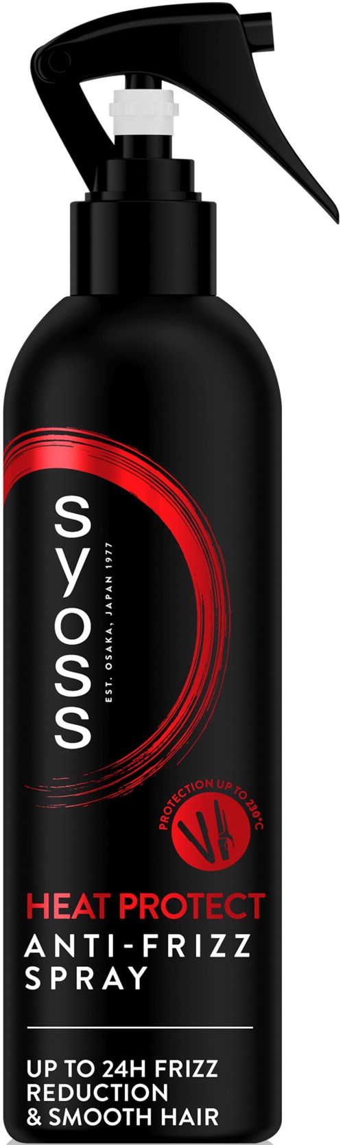 Musta suihkepullo, jossa teksti 'Svoss Heat Protect Anti-Frizz Spray', hiusten muotoiluun.