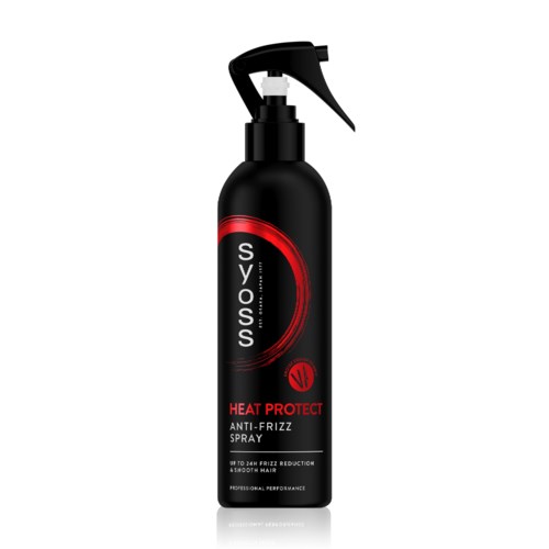 Musta spraypullo, jossa punainen ja valkoinen tarra, nimeltä Syoss Heat Protect, käytetään hiusten muotoiluun.