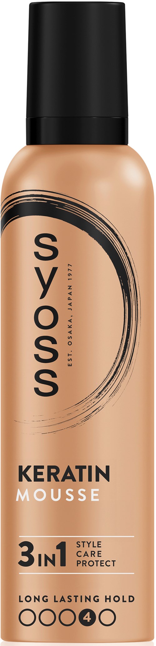Eine beige Flasche mit schwarzem Deckel, gekennzeichnet als Syoss Keratin Mousse, bietet Stil, Pflege und Schutz für lang anhaltenden Halt.