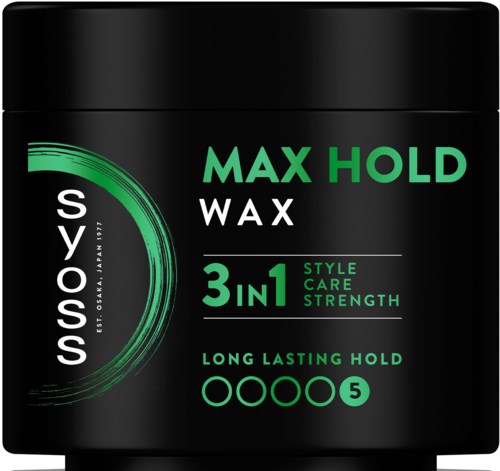 Musta rasia, jossa vihreä ja valkoinen teksti Max Hold -vahasta, 3-in-1 tyyli, hoito, vahvuus ja pitkäkestoinen pito.