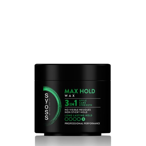 Musta purkki, jossa lukee "Max Hold Wax" vihreällä ja valkoisella tekstillä, edistää tyyliä, voimaa ja pitkäkestoista kiinnitystä.